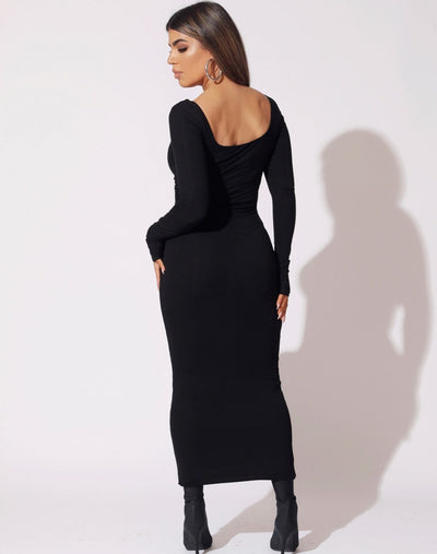 SOLID LONG SLEEVE DRESS - BLACK