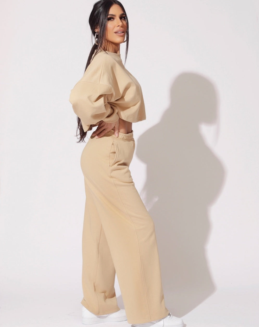 COMFORT WIDE LEG SWEAT PANTS - CAMEL